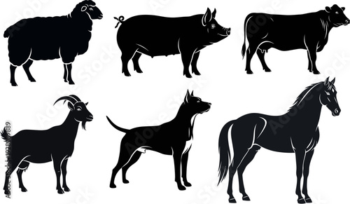 Various farm animals standing together in a simple illustration