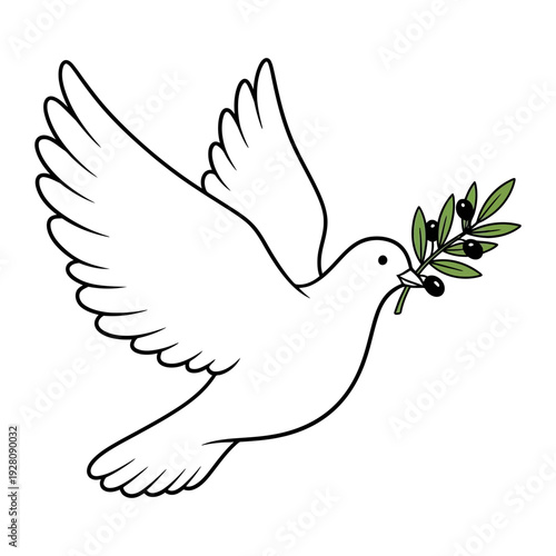 A white dove holding an olive branch in its beak