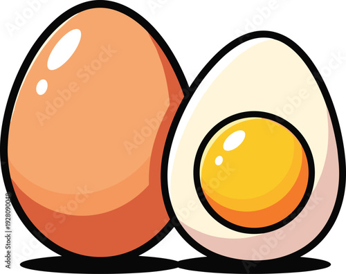 Two brown eggs, one whole and one cut in half revealing yolk, cartoon style vector illustration