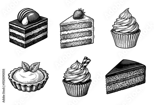 Set of assorted dessert and pastry illustrations featuring cake slices, cupcakes, and tarts in a detailed hand-drawn vintage engraving style.