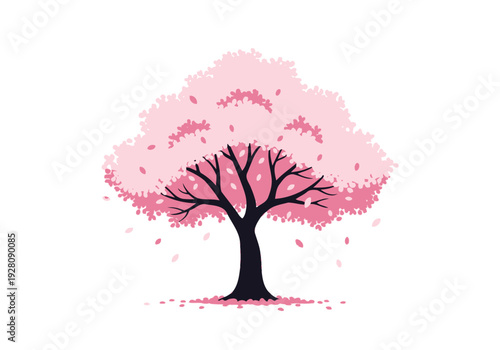 Stylized illustration of a dark cherry blossom tree with falling pink petals on white