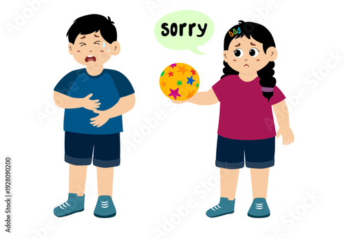 Cute little kid apologizing, vector illustration. Little kid saying sorry