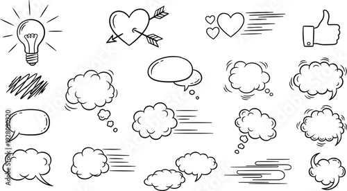 Collection of hand drawn comic speech bubbles, hearts, light bulb, and thumb up icons