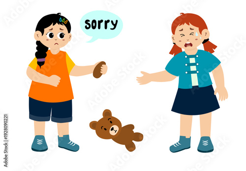 Cute little kid apologizing, vector illustration. Little kid saying sorry