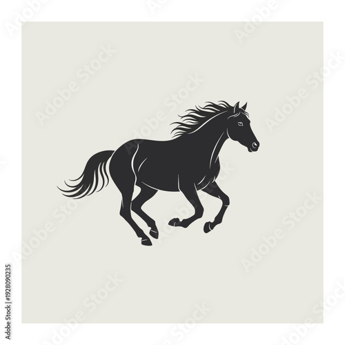 A black horse silhouette running on a beige background