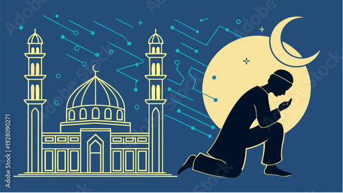 Silhouette of a person praying in front of a mosque under the crescent moon with stars, viewed from the side in a serene night ambiance