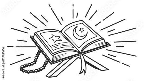 An open Quran with subtle light rays and symbols, surrounded by Islamic motifs, in a serene and spiritual outline illustration