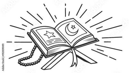 An open holy book with subtle light rays and symbolic adornments lies on a surface with a rosary beside it, captured from a straightforward viewpoint.