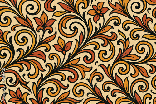 Intricate floral and scrollwork design in warm earth tones