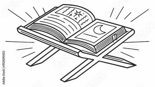 An open holy book rests on a decorative stand, radiating spirituality and reverence in a serene environment.