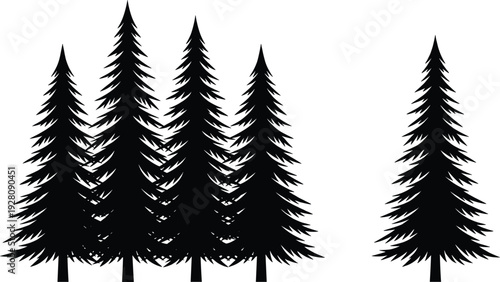 Pine Tree Silhouette, Forest Fir Vector, Spruce Evergreen Illustration, Conifer Nature Design, Woodland Landscape Element, Black Timber Icon, Christmas Tree Graphic.