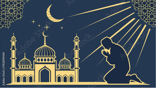 A person praying in front of a mosque under the light of the crescent moon and stars at night