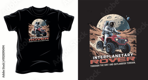 Astronaut driving rover on moon surface, space exploration, vintage style t-shirt design print illustration