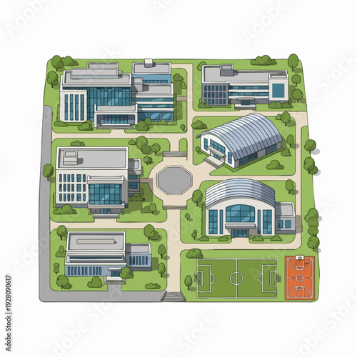 Aerial view illustration of college campus with buildings sports fields courtyard and landscaping in cartoon style