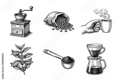 Vintage coffee production and brewing set featuring hand-drawn woodcut illustrations of a grinder, beans, plant, and pour-over equipment