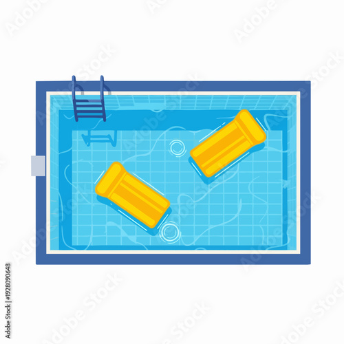 Aerial cartoon of turquoise swimming pool with floating yellow inflatable mattresses and ladder against a plain background