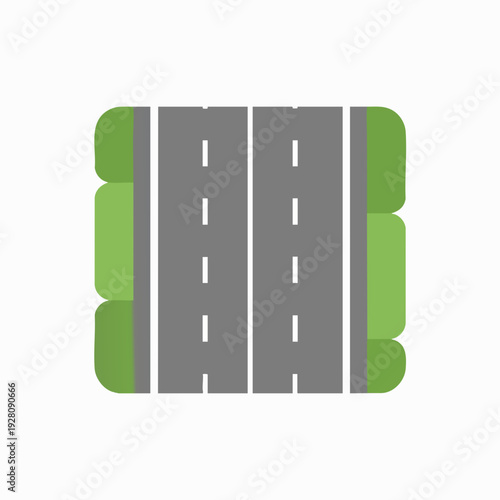 Aerial view of a gray two-lane road with white dashed lines and green grassy borders on a white background; flat design element