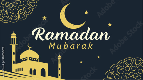 Vector illustration of Ramadan Mubarak typography with Kaaba silhouette and crescent moon, depicting Islamic festival, cultural celebration, and spiritual significance, in an eps file format.