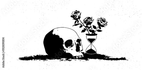 Memento mori: skull and hourglass with roses in high contrast black and white for gothic design