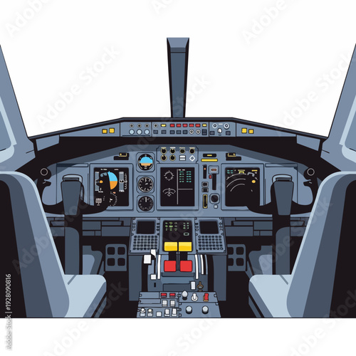 Airplane cockpit vector illustration showcasing flight instruments control panel and pilot seats for aviation and travel themes