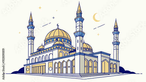 Digital illustration of a mosque at night with crescent moon, stars, and minarets, showcasing Islamic architecture, prayer, and spirituality in a serene nighttime scene