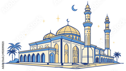 A serene mosque with glowing minarets and domes, surrounded by palm trees under a starry night sky with a crescent moon.