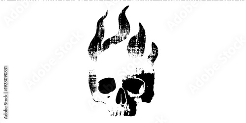 High contrast black and white skull with flame ink drawing for creative design