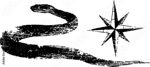 Snake and compass star silhouette design in black and white ink for vintage illustration