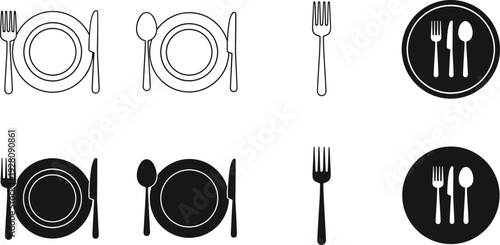 Restaurant and dining icons set vector illustration, cutlery plate and fork symbols, kitchenware silhouettes for cafe menu and catering design,