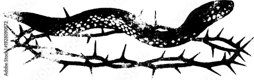 Serpent entwined with crown of thorns in high contrast ink artwork