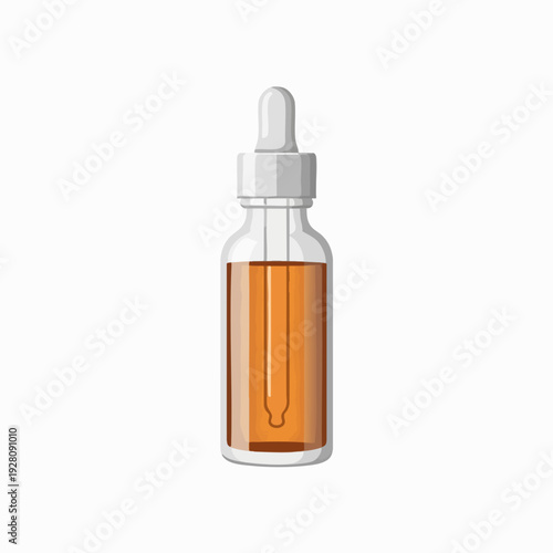 Amber liquid in dropper bottle illustration clear glass container with brown fluid vector-style essential oil for cosmetics health and wellness