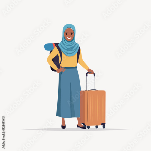 Woman in hijab standing confidently with a suitcase, ready for travel, illustrated in a modern style