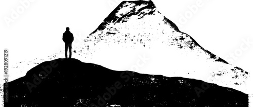 High contrast black and white illustration of a mountain climber silhouette with telegraph theme