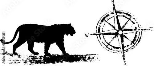 Wildlife adventure concept with tiger silhouette and compass rose design for poster or card