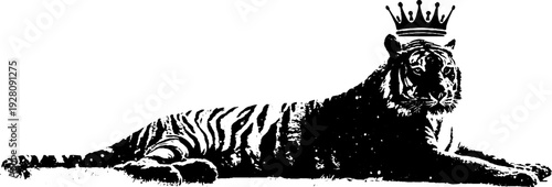 Majestic tiger with crown in high contrast black and white ink design