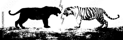 Fierce confrontation: tigers and lightning bolt in high contrast black and white ink design