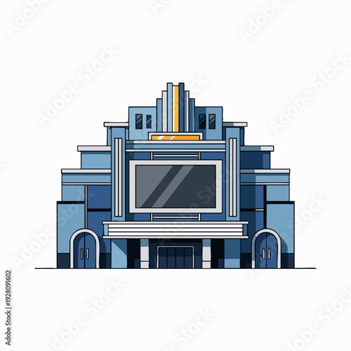 Art deco style movie theater vector illustration; retro building design for cultural events and entertainment concepts; stylish architecture.