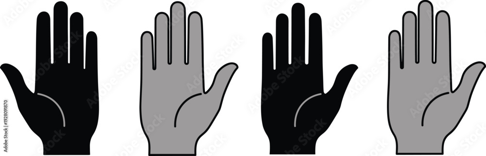 Obraz premium Stylized black and gray hand silhouettes arranged in horizontal sequence symbolizing symmetry, repetition, design, gesture, and artistic pattern concept