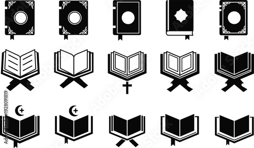 Set of Religious Sacred Book Icons Including Holy Quran on Stand Cross and Crescent Moon Symbols for Spiritual Education Theology and Cultural Study Vector
