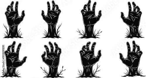 Set of scary black silhouette zombie hands rising from the grave for Halloween horror designs and spooky undead apocalypse vector illustrations, icons, and symbols