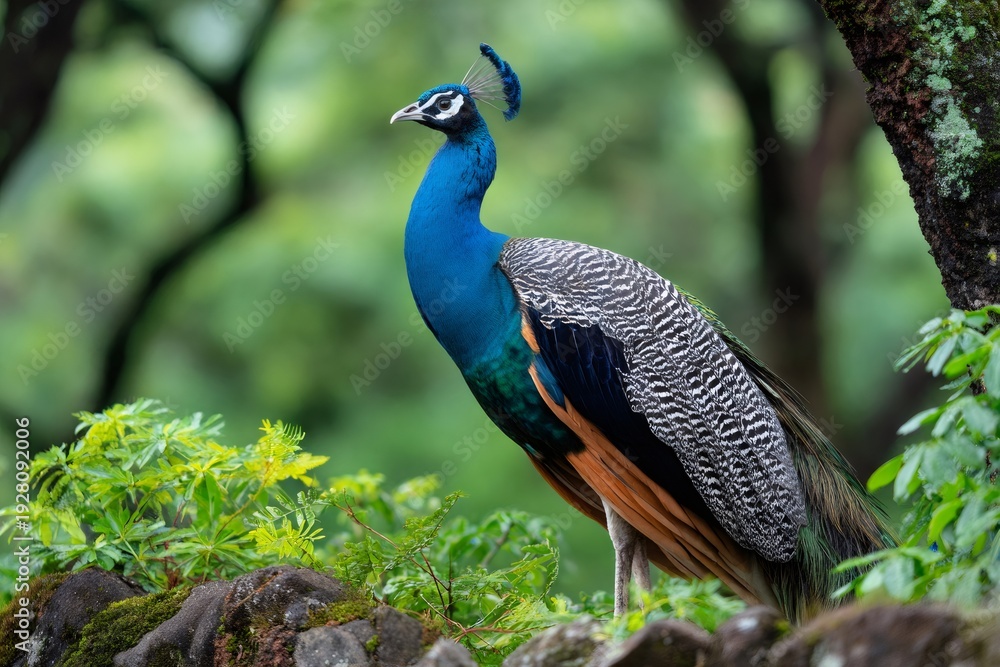 Obraz premium Peacock standing on rock in lush green forest