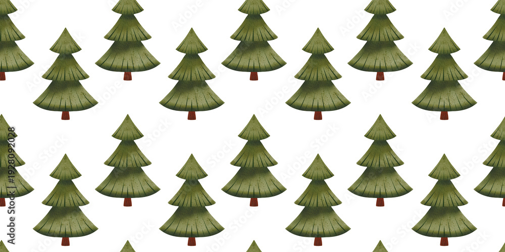 Obraz premium Seamless pattern with hand drawn green trees. Children's watercolor illustration of evergreen fir trees for your design, print, fabric
