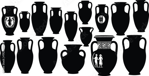 Ancient Greek amphorae silhouettes, classical pottery, decorative vases, archaeological artifacts, cultural heritage, historical art, ceramic vessels, museum collection, antiquity, classical design