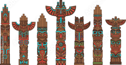 Set of Seven Colorful Native American Totem Poles Featuring Traditional Tribal Carvings and Indigenous Symbols for Cultural Education History Projects and First Nations Heritage Design