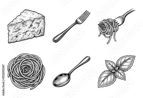 Vintage engraving style pasta and kitchenware set featuring spaghetti noodles, parmesan cheese block, basil leaves, fork, and spoon on a white background.