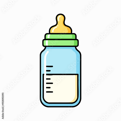 Baby bottle vector illustration with milk measurement markings for feeding newborns in bright colors on white background