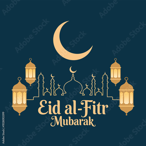 A stylized eid al fitr mubarak illustration featuring a crescent moon lanterns and a city skyline
