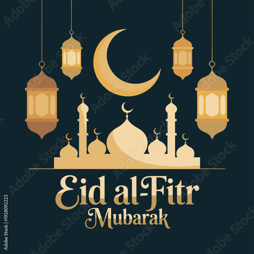 A golden crescent moon and ornate lanterns celebrate the islamic holiday of eid al fitr
