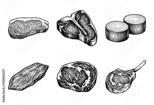 Vintage hand drawn engraving style meat cuts collection featuring beef steaks and bone in ribs on a white background.