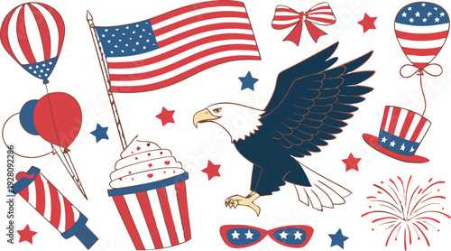 4th of July Sublimation Clipart SVG Bundle.
Large 4th of July clipart bundle illustration, patriotic USA themed elements arranged in a collage layout, vibrant red white and blue color palette,